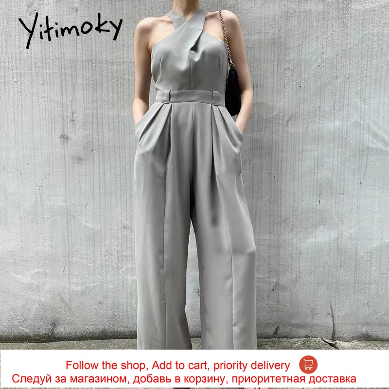

Yitimoky Jumpersuit Women Sexy Sleeveless Bare Shoulder 2021 Summer Korean Wide Leg High Waist Slimt Out Wear Black Jumpsuit