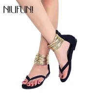 roman womens sandals flat flip flops fashion womens shoes metal ankle straps slippers back zipper sexy casual sandals open toe