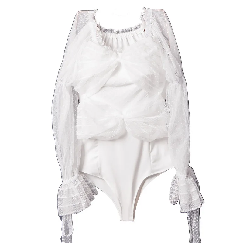 

Swimsuit Women 2020 One Piece Vintage Suit Rope Three Lace Long Sleeve Cover For Dot Cotton Sierra Surfer Sexy Swimwear Bathing