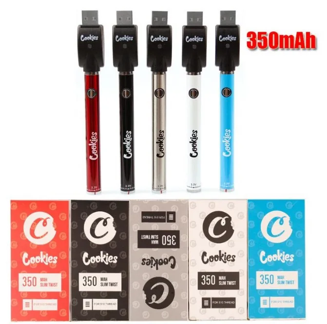 

20/lot Cookies Twist Battery SF Slim 350mAh Bottom 3.3-4.8V Preheat VV Vape Pen Battery Usb Charger For 510 Thick Oil Cartridge
