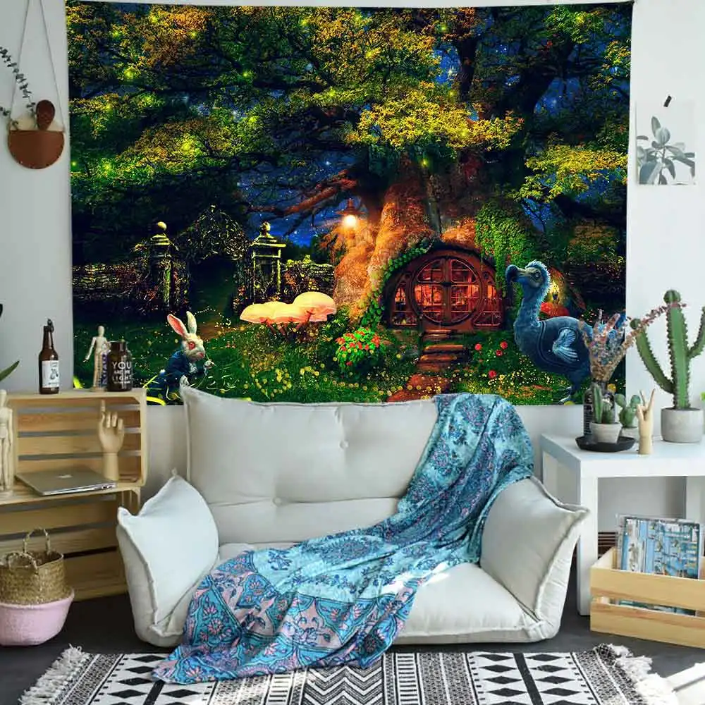 Simсант психоделический зеленый лес гобелен Триппи гриб кролик настенные