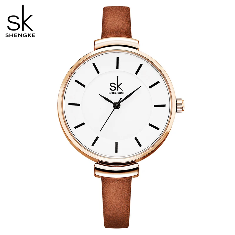 

Женские часы Shengke с кожаным ремешком, повседневные тонкие кварцевые наручные часы, женские часы, женские винтажные часы