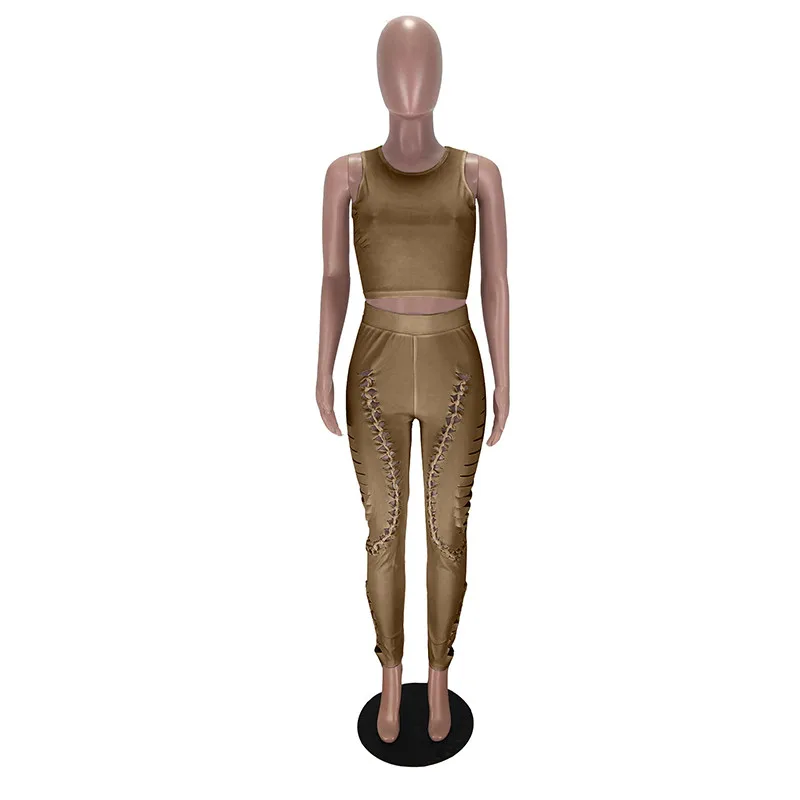 

Solid Hollow Out Two Piece Matching Set Tracksuit Women Sleeveless Cropped Tank Tops and Long Pencil Pants Sexy Club Outfits