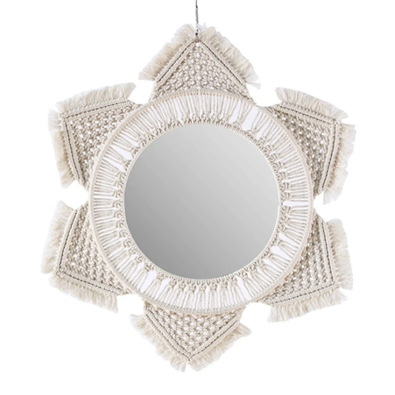 

E8BD Macrame Fringe Woven Wall Mirror Boho Hanging Round Mirror Art Decor Wall Makeup Mirrors for Apartment Living Room Bedroom