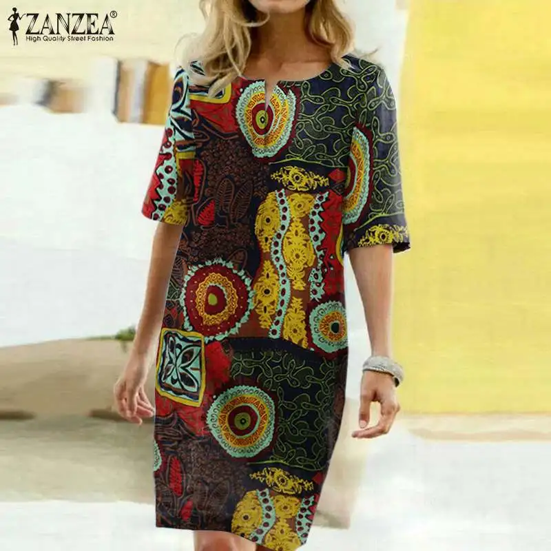 

ZANZEA Women Summer Sundress Vintage Short Sleeve Loose Cotton Vestidos Bohemian Beach Dresses Floral Printed Dress