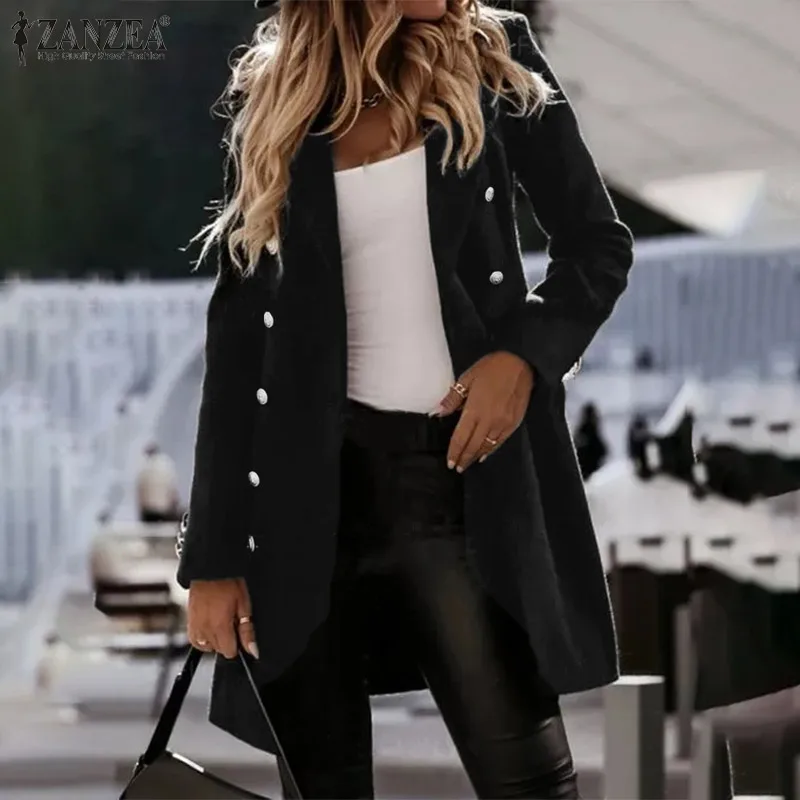 

Lapel Solid Outwear Jackets Bohemian Fashion Work Elegant Overcoats Loose Tunic Overcoats ZANZEA Autumn Women's Full Sleeve Coat