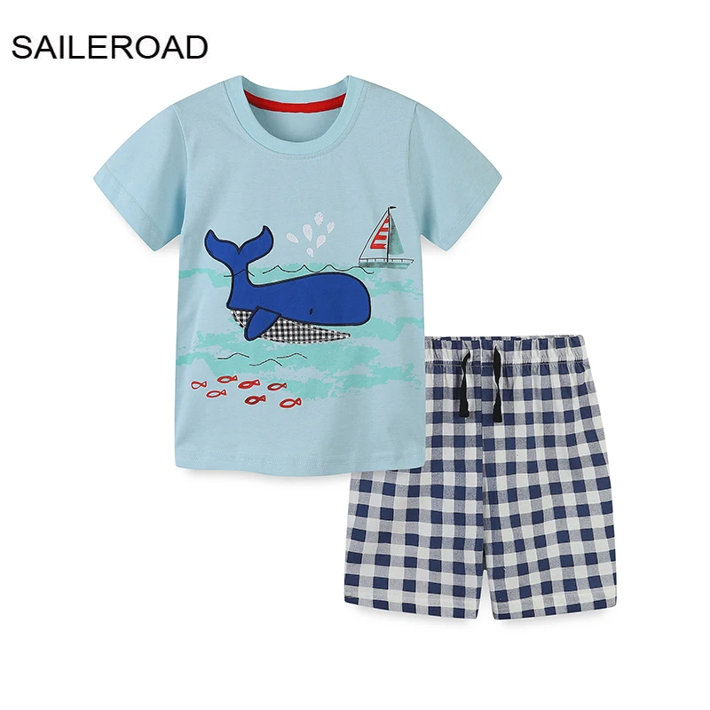 

SAILEROAD Summer Children's Clothes Boy Cartoon Whales T shirts+Pants Kids Short Sleeves Clothing Set Teens Tracksuit