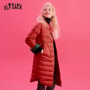 Женский однотонный пуховик ELFSACK, красный однотонный пуховик с карманами в Корейском стиле, с цветными вставками, на молнии, с длинными рукавами, зима 2020