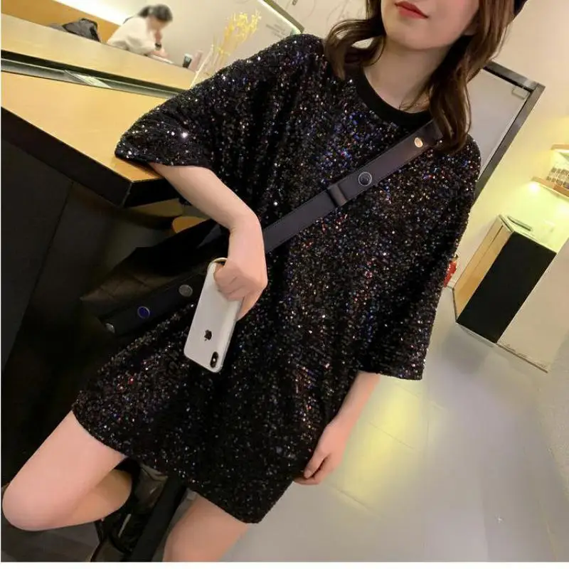 

Glitter Tee Tops Novel Style Casual Tees Girl Fashion Short Sleeve Sequined Harajuku Summer Women T-shirts 2021 Shiny Silver