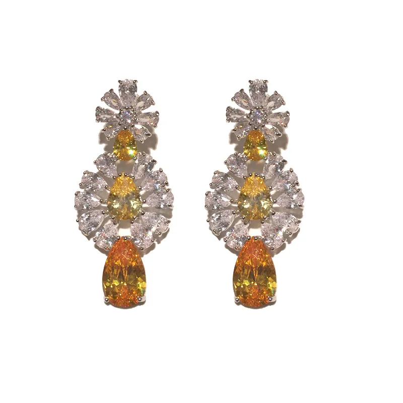 

Bilincolor wedding bridal big cubic zirconia summer yellow flower drop earring