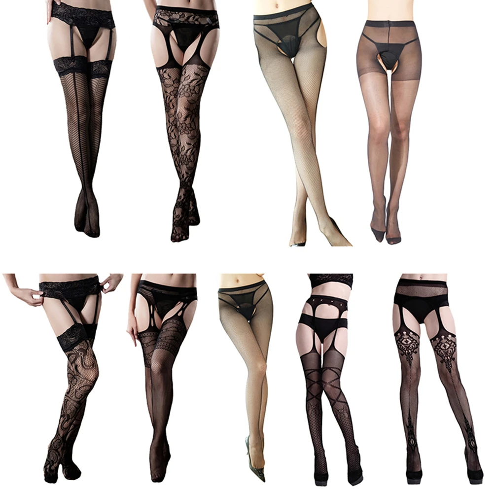9 Стиль Черный Кружевное платье в сеточку чулки открытая промежность колготки