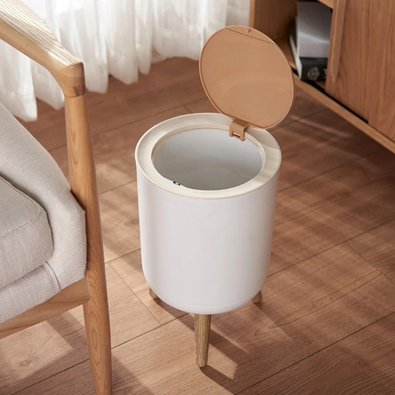 

Minimalist Style Home Trash Can with Lid Press Wooden High Foot Waste Container Paper Basket