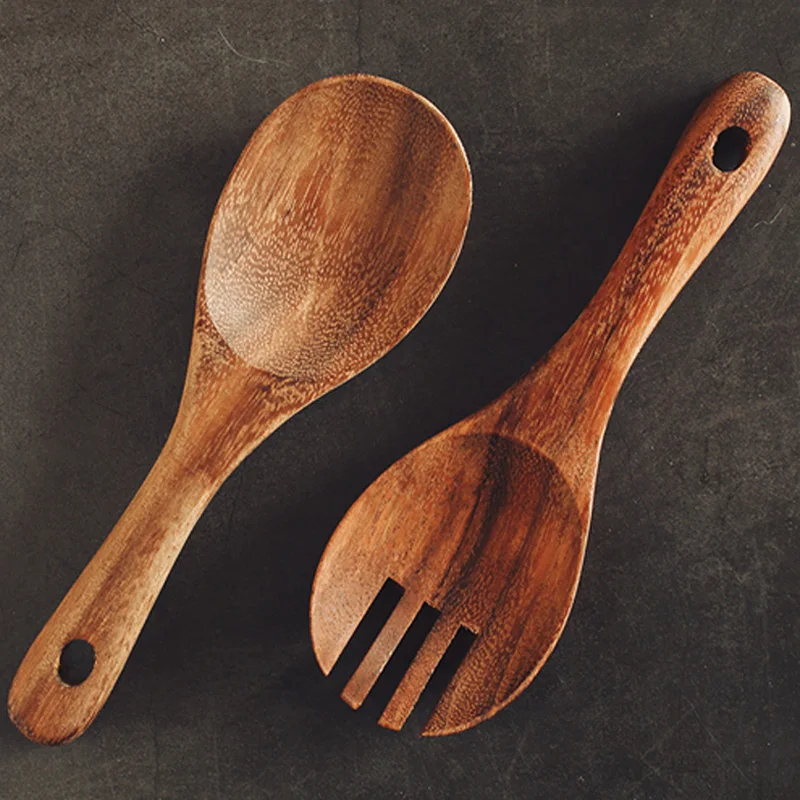 Acacia Wood Spoon Fork Set Salad Mixing Spoon Fork Dinner Serving Spoon Rice Spoon Wood Cutlery Set Kitchen Wooden Tableware