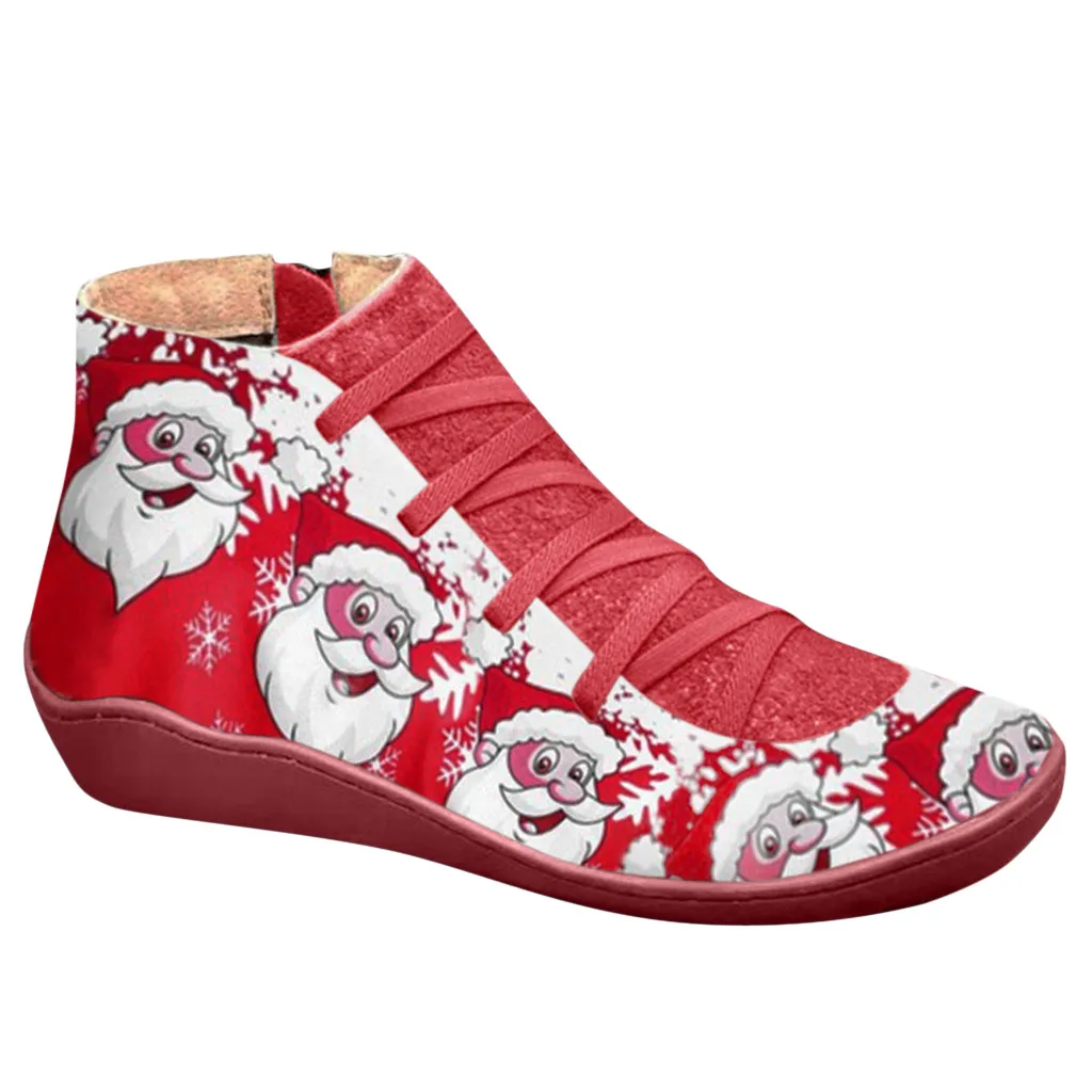 

Fashion Womens Ankle Boots Santa Claus Print Round Head Flat Casual Boots Flats Leather Lace-Up Zipper Shoes 2019 Botas Mujer 40