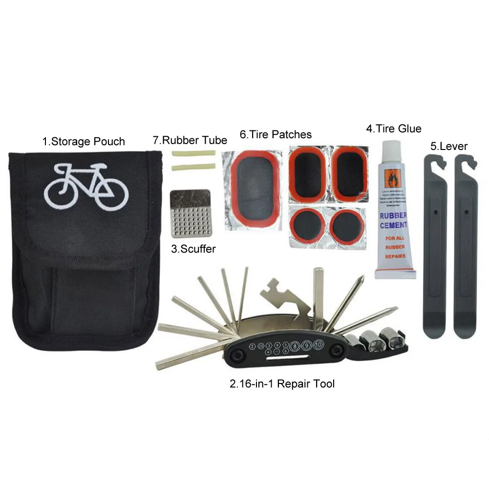 

16-in-1 Multifunction Bike Bicycle Mechanic Repair Tool Kit Portable Patch Rubber Wheel Repair Tool Bicycle Accessories