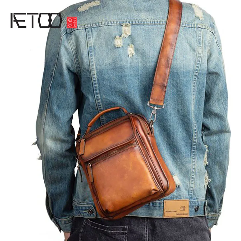 

AETOO Retro leather shoulder bag, planted leather men's diagonal bag, casual soft leather men's bag