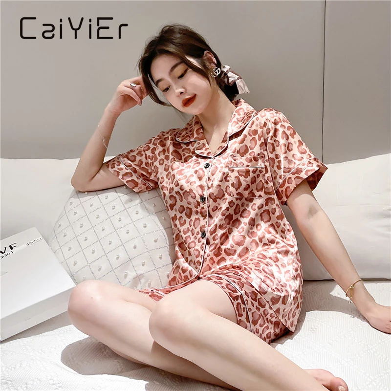 CAIYIER New Pink Leopard Grain Nightwear Women Silk Satin Pajamas Set Sexy Lingerie Sleepwear Summer Soft Female Party Homewear