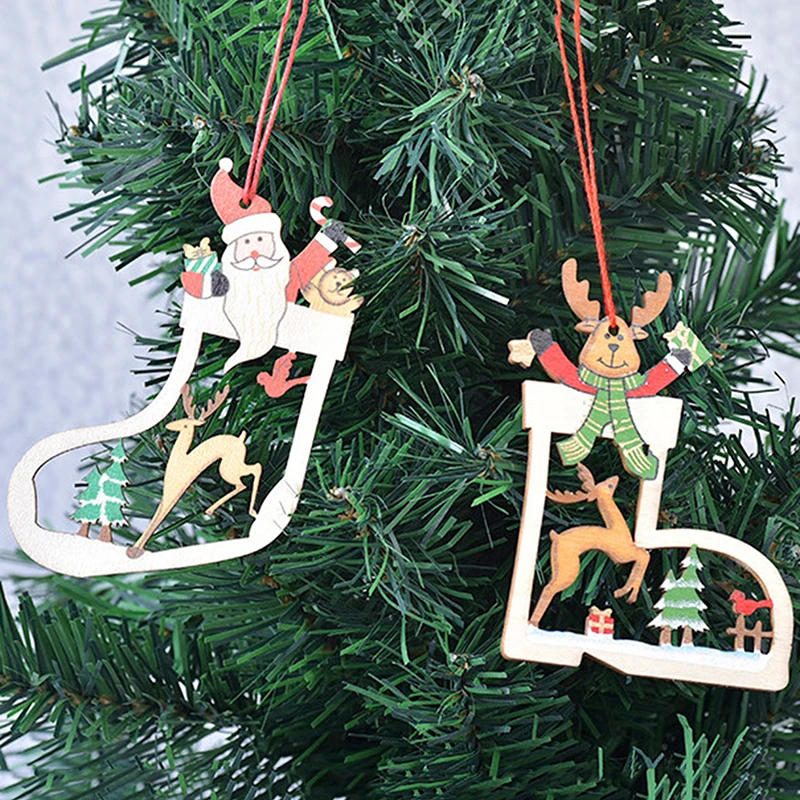 

Cute Christmas Decoration Wooden Hollow Snowflake Santa Claus Ornaments Christmas Tree Bells Stereoscopic Pendants New Year Gift
