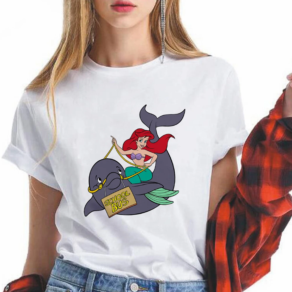 

New Tee The Little Mermaid Ariel Flounder Print T shirt Streetwear Tops Female loose kawaii Harajuku Woman T-shirts Short Sleeve