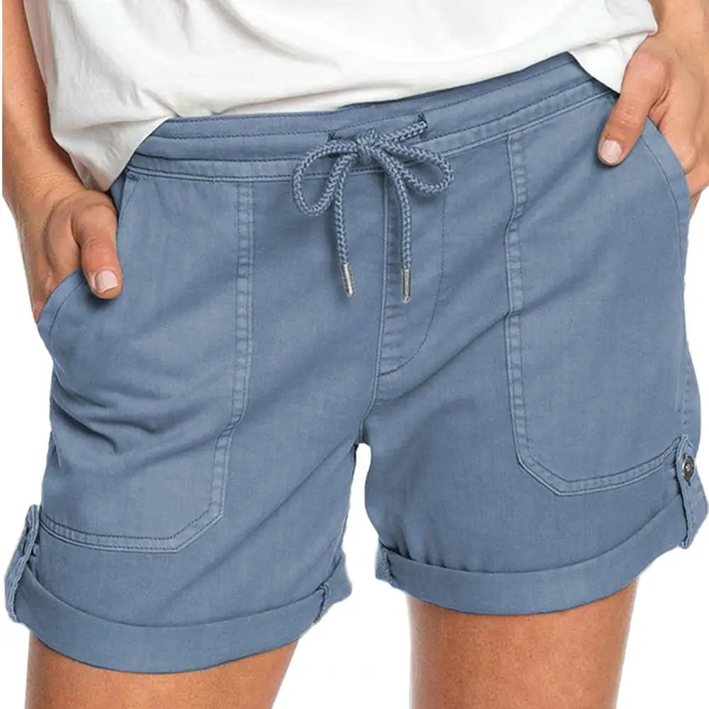 

2021 New Fashion Women Summer Clothing Shorts Mid Rise Solid Color Ladies Drawstring Pockets Short Pants for Shopping Travel