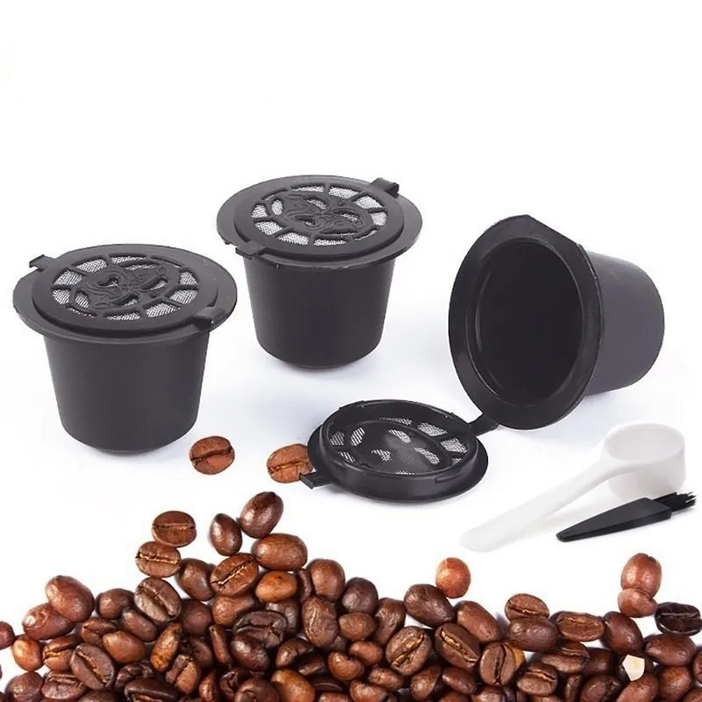 

1/3/6pcs Reusable For Nespresso Coffee Capsules Cup With Spoon Brush Black Refillable Coffee Capsule Refilling Filter Coffeeware