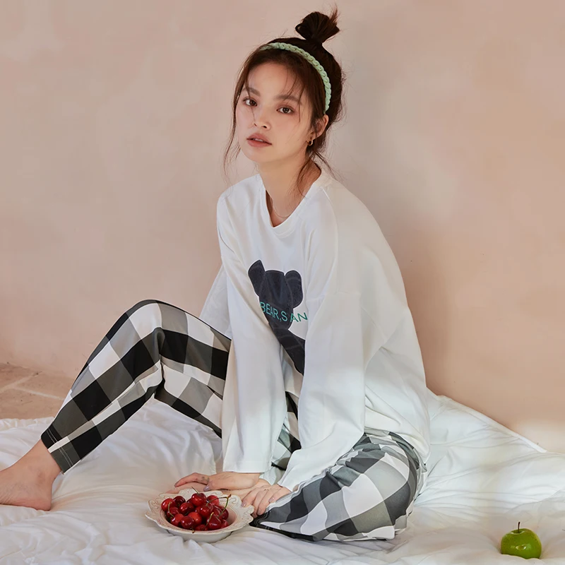 

JRMISSLI Women Round-Neck Cute Cartoon Sleepwear Autumn Cotton Homewear Ladies Pijama New Long-Sleeved Trousers Plus Size Pyjama
