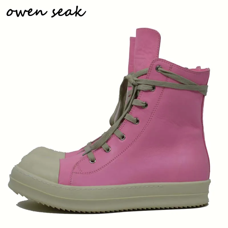 

Owen Seak Women Motorcycle Leather Men High-TOP Luxury Mid-Calf Winter Riding Boots Lace Up Casual Brand Zip Flats Pink Shoes