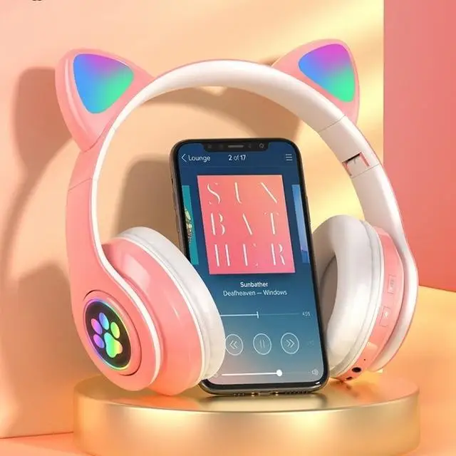 

LED Flash Cute Cat Ears Wireless Headphone With Microphone Stereo Bluetooth-compatible Headset Support TF Card For Kids Girl