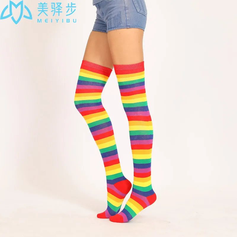6 Pairs Per Set Colorful Socks Rainbow Stripe Long Tube Knee Socks Party Stocking Female Holiday Stocking Girl