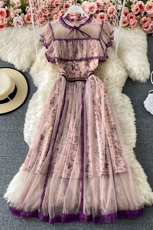 

Summer New Floral Print France Long Dress Women New Sashes High Waist Ball Gown Dresses Lady Round Neck Bow Date Party