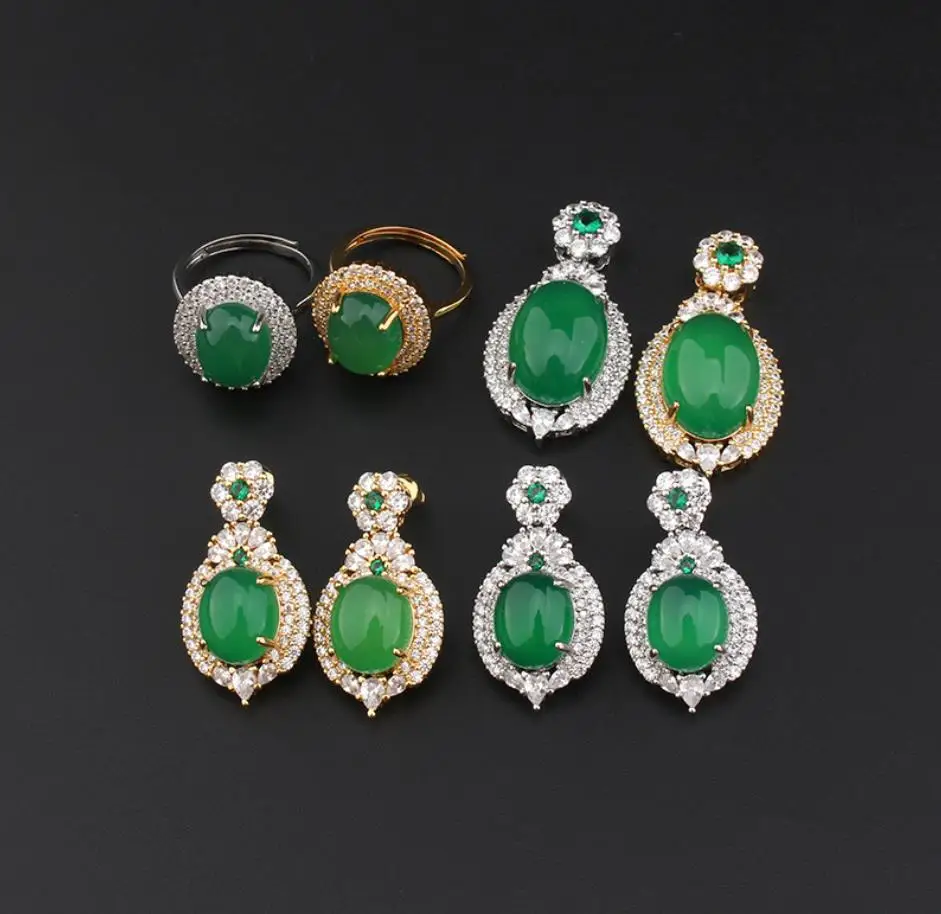 

Europe fashion ins drop-shaped natural chalcedony pendant three-piece agate ear jewelry vintage green gem gorgeous earring ring