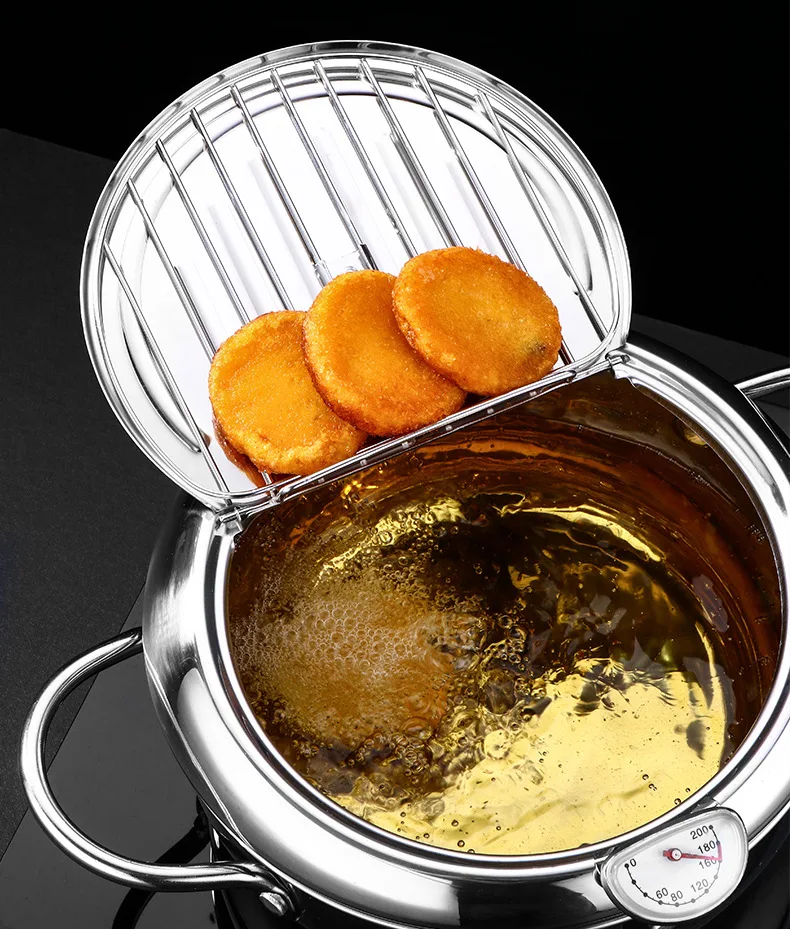 Japanese Deep Frying Pot with a Thermometer and Lid 304 Stainless Steel Kitchen Tempura Fryer Pan Cooking Tools | Дом и сад