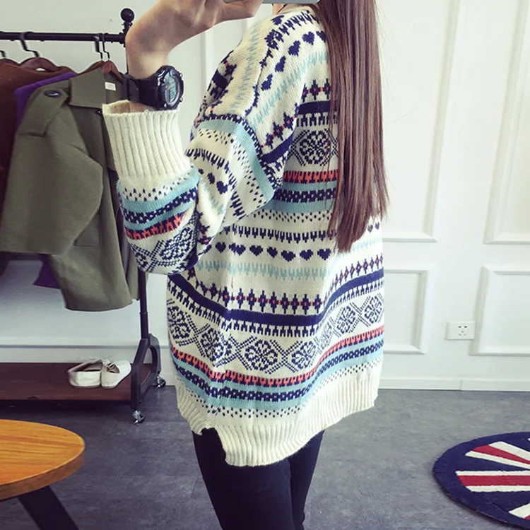 

Retro Snow Love Heart Printed Knitted Pullovers Women Sweater Loose Ladies Outerwear Jumper Split Ham O-Neck Top