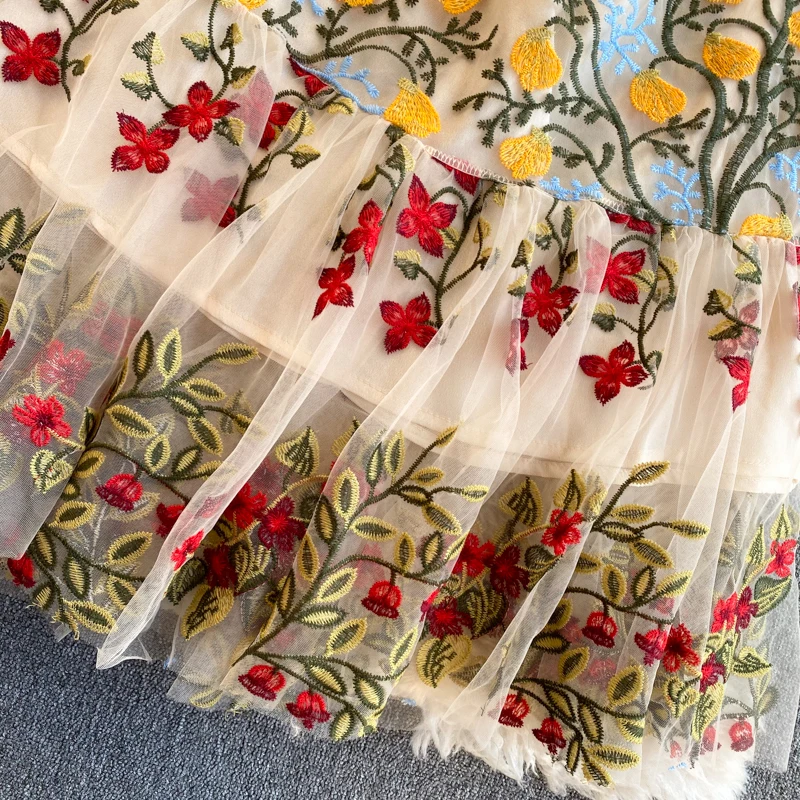 

Sweet Memory 2021 Girl Mesh Embroidery Dress Women Short Sleeve Ruffles A-line Dress Summer High Quality Chic Streetwear Dress