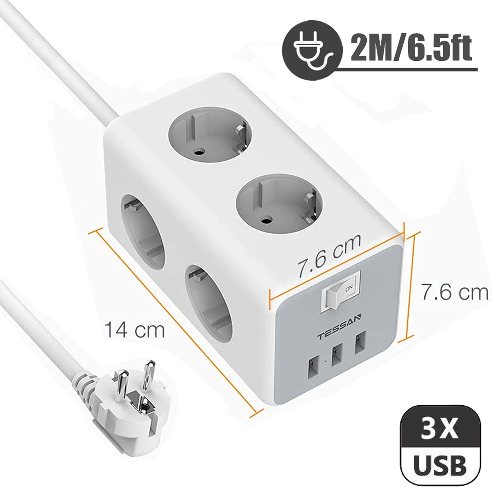 

Сетевой удлинитель TESSAN с 6 розетками и 3 USB-портами, переключателем вкл/выкл и удлинителем 2 м для смартфонов и планшетов