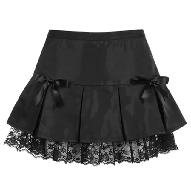 

YICIYA Lady Mini Gothic Black Lattice Lace Summer Skirts 2021 Women Fashion Drawstring Bow Pleated Harajuku High Waist Y2k Cloth