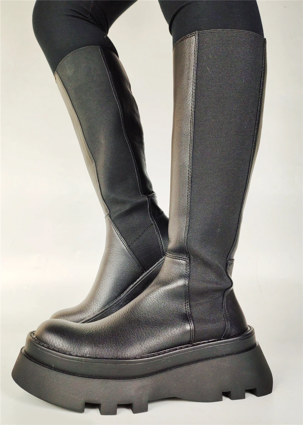 

2021 Hot Sale Great Quality Chunky Heels Platform Casual Slip On Knee High Boots Women Black Walking Shoes