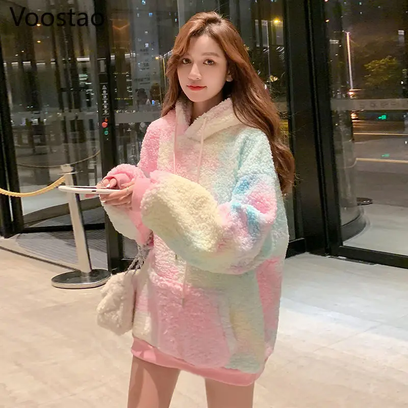 

Winter Rainbow Kawaii Fur Hoodies Women Warm Sweet Oversized Hoodies Female Harajuku High Street Korean Sweatshirt Lady 2020 New