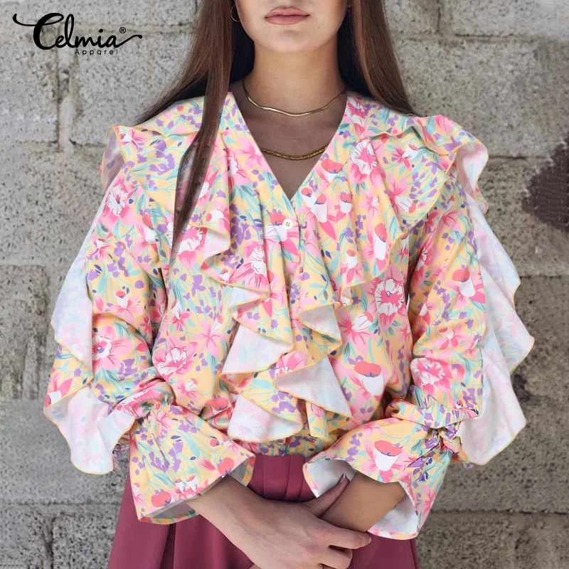 

Celmia Elegant Women V-neck Shirts 2022 Autumn Sexy Long Sleeve Ruffles Blouses Fashion Bohemian Floral Printed Buttons Tops 8
