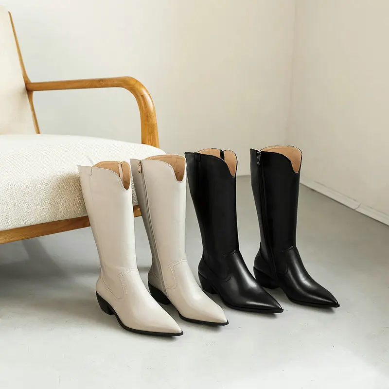 

2021 New Women Knee High Boots Pointed Toe Autumn Winter Women Shoes Keep Warm Square High Heel Long Boots Size 34-43