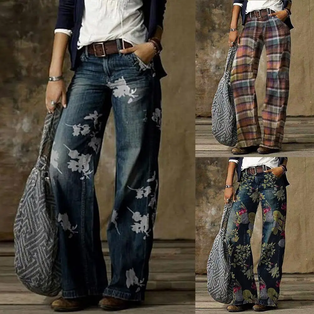 

2021 New Women Denim Pants High Waist Floral Print Wide Leg Trousers Loose Jeans for Work High Waisted Boyfriend Jeans