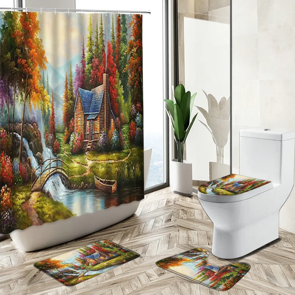 

Oil Painting Landscape Shower Curtain Autumn Forest Trees Waterfall Hut Elk Animal Non-Slip Rug Toilet Cover Bathroom Deco Set