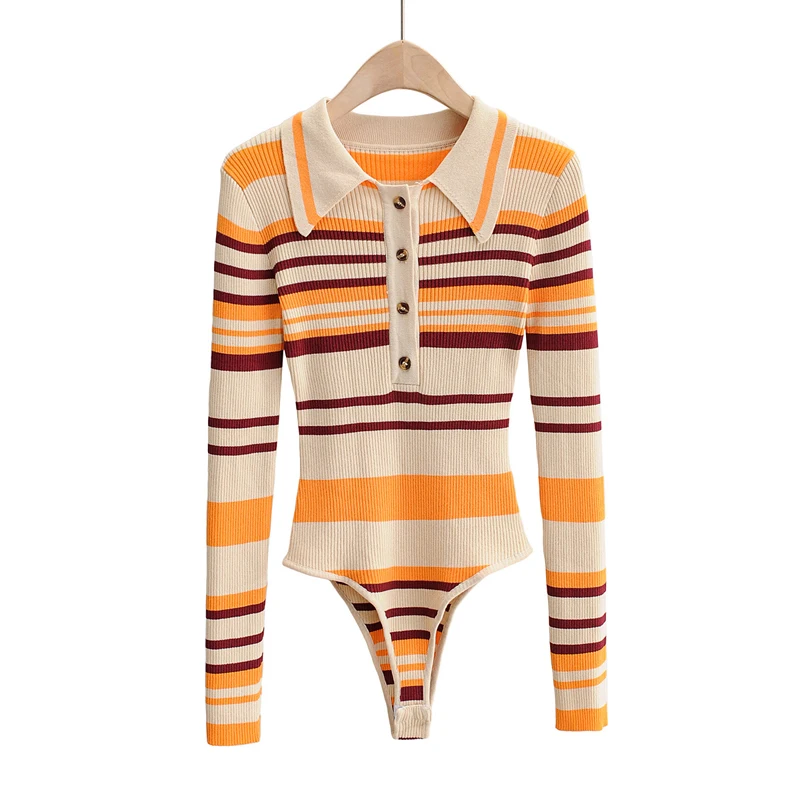 Spring Women Fashion V Neck Short Sleeve Pinstripe Slim Bodysuits Knitted Women  Playsuit Lapel Collar Sexy Bodysuit