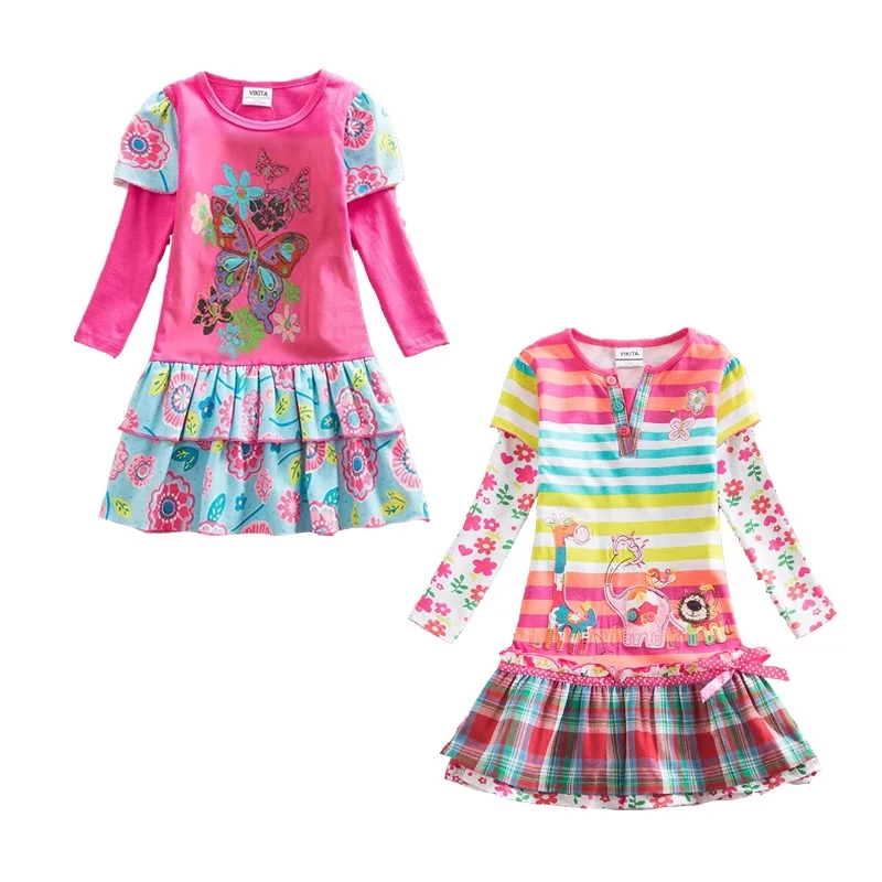 Детское Хлопковое платье с цветочным принтом длинным рукавом и круглым вырезом |