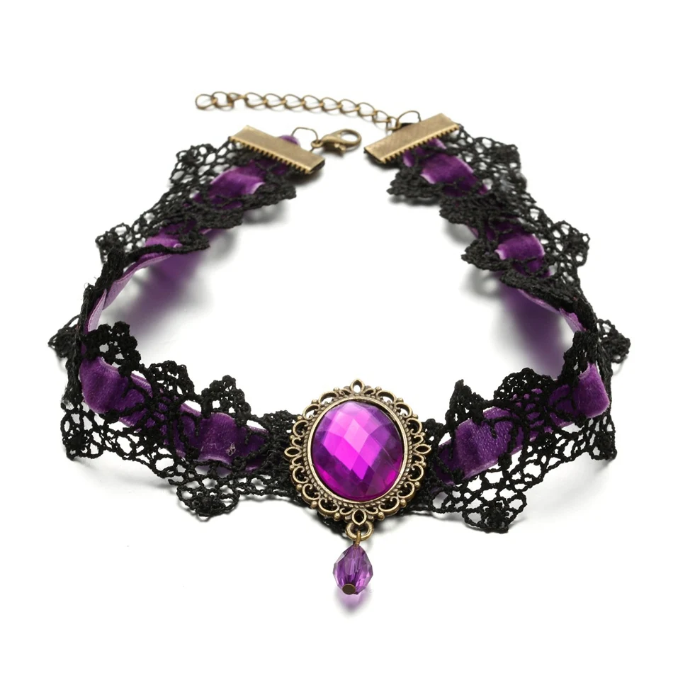 PURPLE Короткие кружевные ожерелья и подвески для женщин, черные бусы, готическое колье LX077 - Окраска металла: PURPLE