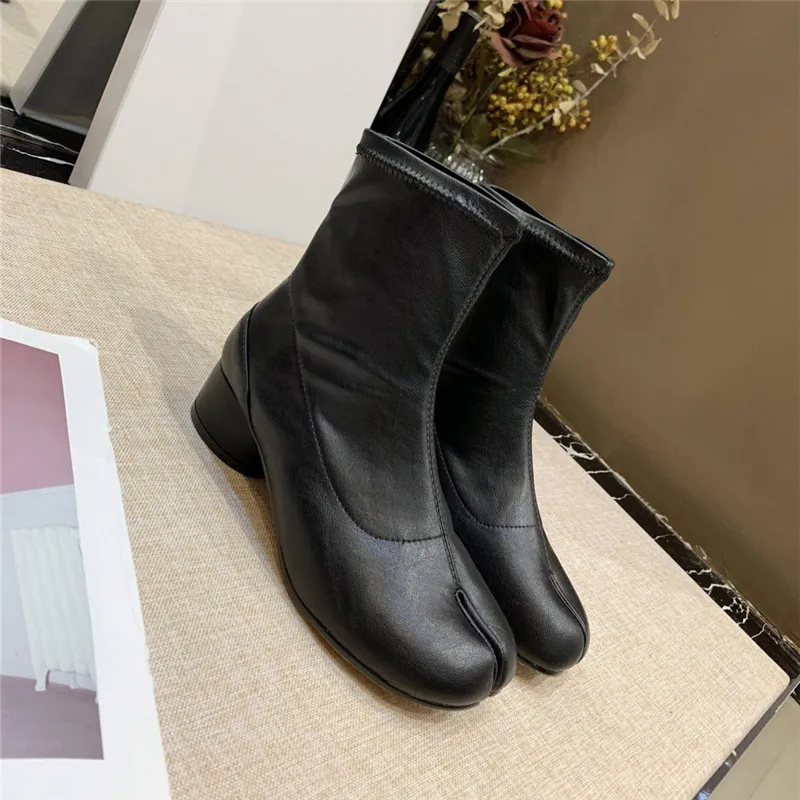 New Autumn Stretch Ankle Boots Novelty Split Toe Boots Women Cozy Round Heel Genuine Leather Riding Booties Fashion Short Botas