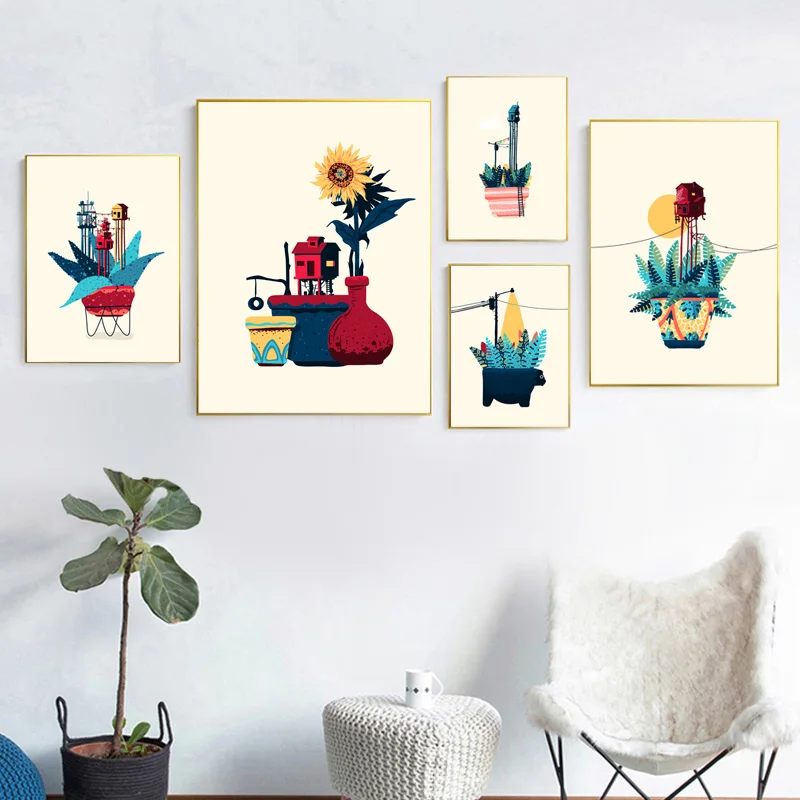 Настенная живопись на холсте абстрактный дом Подсолнух в горшке растительный