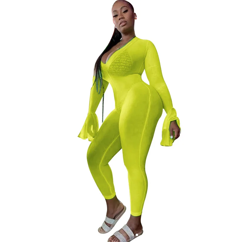 neon green ANJAMANOR неоновые прозрачные сетчатые сексуальные комбинезоны для женщин вечерние Клубные костюмы большого размера, расклешенные бодикон Облегающий комбинезон с длинными рукавами D37-AB45 - Цвет: neon green