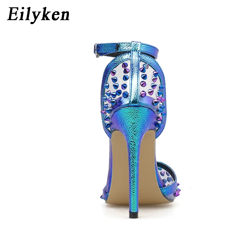 Eilyken/Новинка года; пикантные женские туфли-лодочки из ПВХ с заклепками; модная обувь; женские Вечерние туфли на высоком каблуке с ремешком и пряжкой на лодыжке