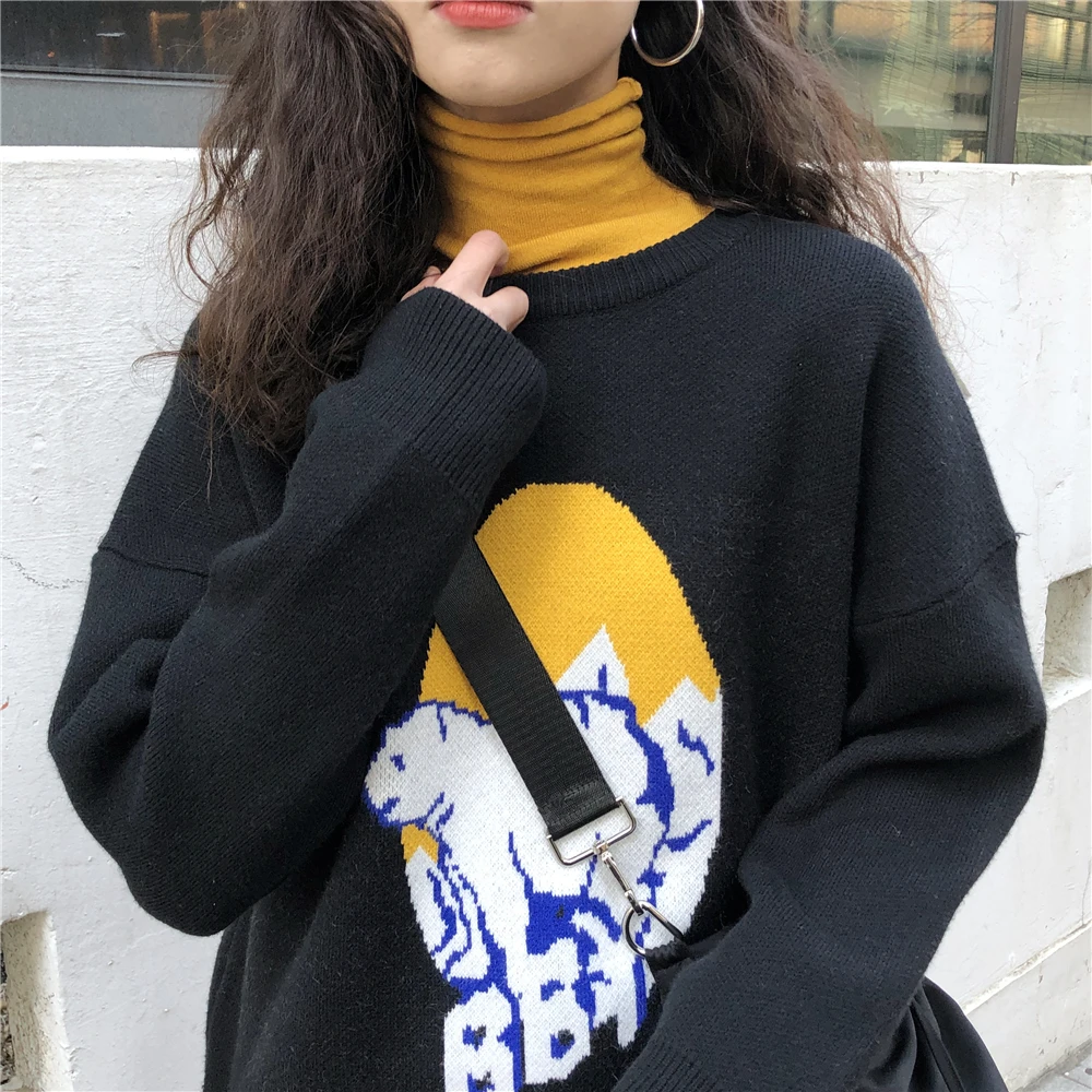

New Cute Polar Bear Embroidered Sweater Female Autumn Sweater Women Harajuku Cartoon Animal Sweater Loose Round Neck Sweater
